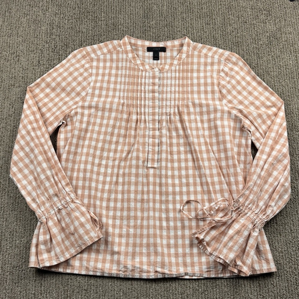 J Crew Womens S Tie Sleeve Pintuck Popover Blouse Gingham Blossom Cottagecore